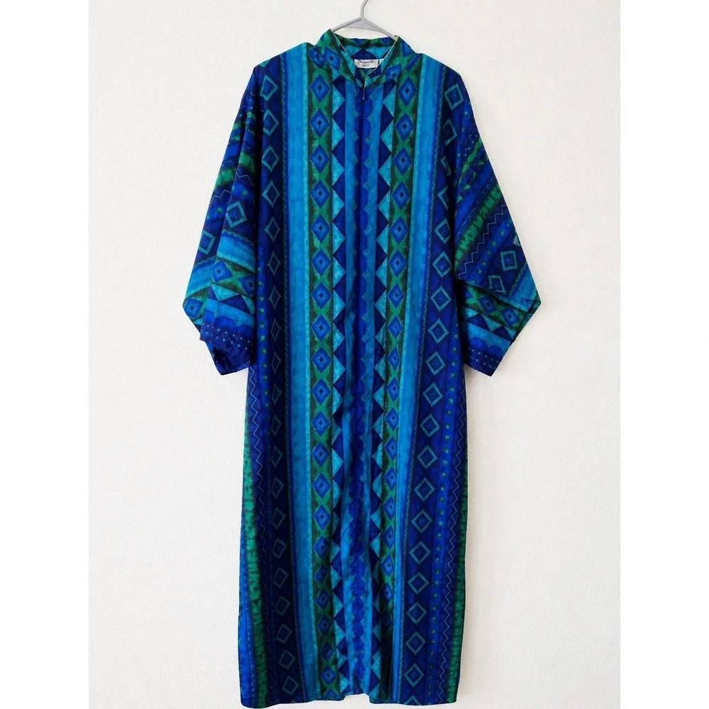 Sante Classics Women M Blue Green Geometric Print Button Front Long Dress Zipper